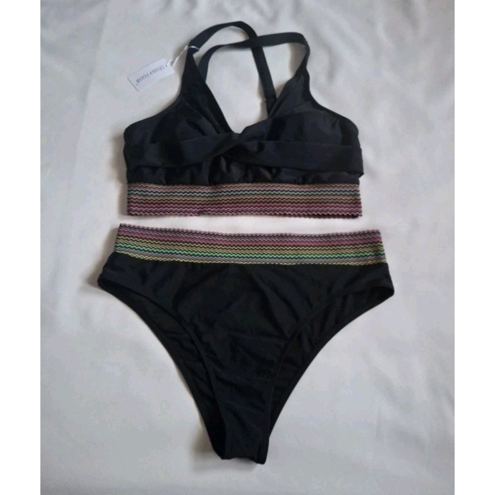 Rosvigor Black High Waisted Bikini Set 2XL Twis Front Chevron  Trim